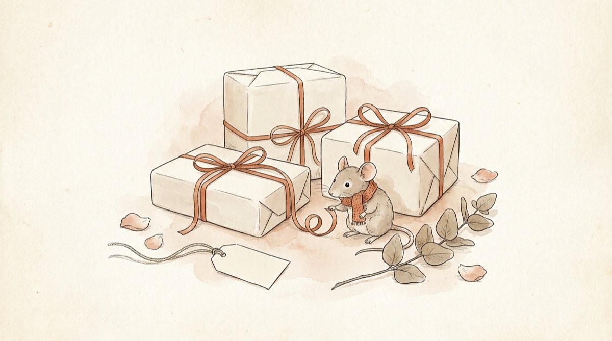 Illustration of a few wrapped gifts and a little rat in a scarf, surrounded by petals and eucalyptus